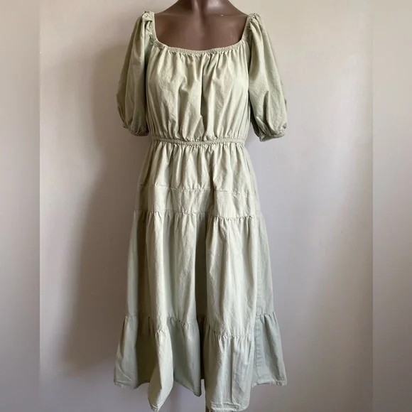 Sim & Sam | Dresses | Sim Sam Sage Green Midi Puff Sleeve Dress Womens Size  Medium Flowy Feminine | Poshmark